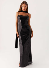 Scarf Neck Sequins Maxi Dress - Black